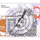 7 Papier und Einband. Eine Collage mit Fächer, Buch und floralen Mustern in Lila und Orange.