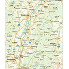 Karte des südlichen Oberrheins mit Städten wie Freiburg und Basel. Grenze zu Frankreich und Schweiz, Flüsse und Autobahnen.