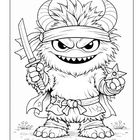 Kleine pelzige Kreatur mit Hörnern und Stirnband hält ein Schwert und einen Wurfstern. Illustration im Comic-Stil.