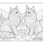 Zwei junge Wildkatzen sitzen einander gegenüber, umgeben von Bergen und Tannen, in einer detaillierten Illustration.