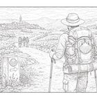 Ein Schild mit Pfeil und Jakobsmuschel; Person mit Rucksack auf Wanderweg, Dorf in der Ferne, drei Wanderer vorne. Illustration.