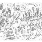 Ein Mann reitet auf einem Esel durch ein Stadttor. Menschen jubeln mit Palmzweigen in den Händen.