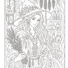 Eine Hexe mit langem Haar, hält Blumen, Flaschen und Mörser in einem detailreichen, linearen Kunstwerk.