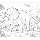 Illustration: Ein großer und ein kleiner Dinosaurier (Triceratops) in einer prähistorischen Landschaft mit Pflanzen und Vulkanen.
