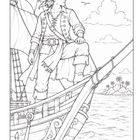 Ein Pirat steht auf dem Bug eines Schiffes, umgeben von Meer, Wolken und Möwen, im Hintergrund eine Insel. Illustration.