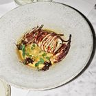 Es gibt keine Texte zu erwähnen. Ein Teller mit einem gefüllten Tintenfisch auf einer gelben Sauce, dekoriert mit frischen Kräutern.