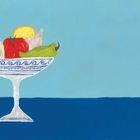 Text: "GEMÜSE". Illustration einer Obstschale mit Fenchel, Tomate, Zitrone, Knoblauch und Paprika, blauem Hintergrund.