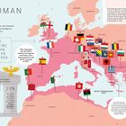 „Peak Roman Empire.“ Verschiedene europäische und nordafrikanische Länder mit Flaggen. Farbliche Unterscheidung zeigt Einfluss.