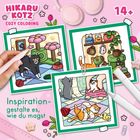 "Inspiration - gestalte es, wie du magst." Drei bunte Katzenszenen, umgeben von rosa Hintergrund und kreativen Utensilien.