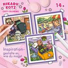 "Inspiration - gestalte es, wie du magst." Drei bunte Illustrationen: Café-Szene, Sonnenbad und Achterbahn mit niedlichen Figuren.