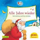 „Alle Jahre wieder - Weihnachtslieder“ steht auf einem Banner, mit einem lächelnden Weihnachtsmann im Vordergrund.