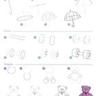 Anleitung zum Zeichnen: Regenschirm, Hantel, Teddybär. Schritt-für-Schritt-Skizzen in verschiedenen Stadien.