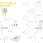 Titel: "Kawaii-Tiere & -Wesen". Anleitung zum Zeichnen von Wal, Eule, Fledermaus, Giraffe und Froschkopf in süßem Stil.