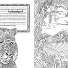 Text über Schutzgebiete und den Nationalpark auf Bali. Detaillierte Illustration eines Tigers, Natur-und Pflanzenmuster.