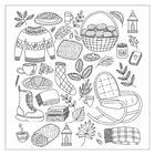 Text: "Lovely Autumn, Cozy story." Illustration mit Herbstmotiven: Strickpullover, Schaukelstuhl, Socken, Kerze.