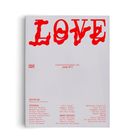"LOVE" in rot oben. "HATJE CANTZ" links klein. Liste von redaktionellen Mitarbeitern und Künstlernamen in Rot darunter.