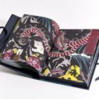 Rote japanische Schriftzeichen auf der rechten Seite. Offenes Buch mit traditioneller japanischer Illustration eines Samurais.