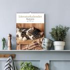 "Literaturkalender Katzen." Schöne Katze schläft auf einem Buch; im Hintergrund eine Pflanze und Küchenutensilien.