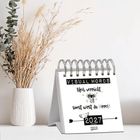 "VISUAL WORDS. Bleib verrückt, sonst wirst du normal! 2027." Tischkalender mit Spiralbindung vor einer Vase mit Gräsern.