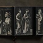 „ALBRECHT DÜRER“; links Adam, rechts Eva, gemalt, beide nackt mit Blättern bedeckt; Buchseiten mit weißen Handschuhen.