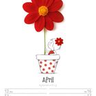 "April" steht unter einem Blumentopf mit Punkten. Darin ein Kind mit einer großen, roten Blume. Datumszeilen darunter.