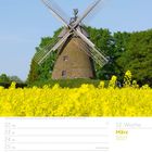 Kalender für 12. Woche März 2027. Bild: Steinwindmühle vor einem Rapsfeld, blauer Himmel, grüne Bäume im Hintergrund.