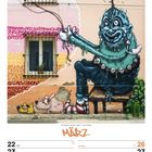 "März", dann eine bunte Graffiti-Wand mit einer fröhlichen Kreatur, zwei Cartoon-Hunden und ein Kalender.