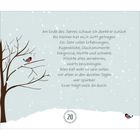 Ein Gedicht über Dankbarkeit am Jahresende, mit Schneeflocken und zwei Dompfaffen auf einem Baum und im Schnee.