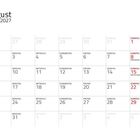 Kalender für August 2027, beginnt am Montag. Feiertage: Waldfesttag am 8., Maria Himmelfahrt am 15.