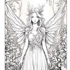 Eine Illustration einer geflügelten Frau mit Blumenkrone, umgeben von Blättern und Bäumen.