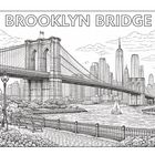 "BROOKLYN BRIDGE" steht über einer detaillierten Illustration der Brücke mit Stadt skyline und Fluss mit Segelbooten.