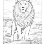 Ein Löwe steht majestätisch auf einem Felsen; die Savanne mit Bäumen und Wolken bildet den Hintergrund. Illustrationsstil.
