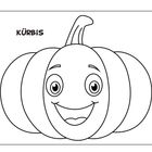 Text "KÜRBIS". Eine Illustration eines fröhlichen Kürbisses mit großen Augen und einem Lächeln.