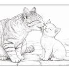 Eine Illustration zeigt eine Katzenmutter, die sanft ein Kätzchen mit der Zunge leckt. Beide sitzen auf Steinplatten.
