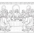 Illustration eines letzten Abendmahls: 13 Männer sitzen um einen Tisch mit Speisen und Getränken in einem historischen Raum.