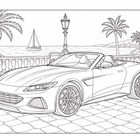 Illustration: Ein Cabrio steht auf einer gepflasterten Terrasse am Meer, mit Palmen und einer Segelschiff im Hintergrund.