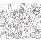 Illustration von Segelschiff mit Männern, die Kisten laden. Palme und Meer im Hintergrund, Möwen fliegen.