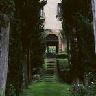 Ein Gartenweg führt zwischen hohen Bäumen zu einem großen Haus mit gewölbtem Tor und symmetrischen Fenstern.