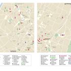 Kartenlegende mit Sehenswürdigkeiten und Aktivitäten in Brüssel. Zwei Stadtpläne zeigen Orte wie Galeries Royales und Manneken Pis.