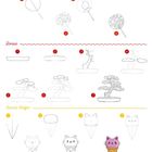 "Runder Fächer", "Bonsai", "Kawaii-Waffel", nummerierte Zeichnungen zeigen Schritte: Fächer, Bonsai und Katzen-Waffel gestalten.