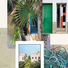 Zahl "9" auf einer Tür. Grüne Tür, Fensterläden, Palmen und bunte Netze. Szenen aus einer mediterranen Umgebung.