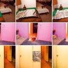 Mehrere Szenarien zeigen Aluminiumfolie auf einem Tisch, vor einer offenen pinken Tür und an einer gelben Tür befestigt.