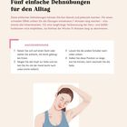 Textanleitung zu einfachen Dehnungen. Illustration zeigt eine Frau, die ihren Kopf zur Seite neigt.