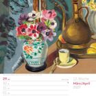 13. Woche, März/April 2027. Ein Gemälde zeigt eine Vase mit bunten Blumen, eine Tasse und eine Kanne.