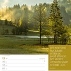 "Der eine sieht nur Bäume, Probleme dicht an dicht. Der andere Zwischenräume und das Licht. Unbekannt." Stehender Kalender mit Waldlandschaft.