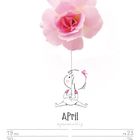 April-Kalenderillustration: Ein Kind hält eine Schnur, die zu einer großen rosa Blume führt. Daten: 19. bis 25. April 2027.