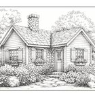 Eine detaillierte Illustration eines kleinen Hauses aus Stein mit Holzelementen und einem üppigen Garten voller Blumen.