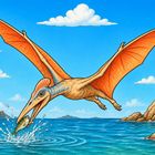 Illustration: Ein fliegender Pterosaurier mit orangefarbenen Flügeln fängt einen Fisch aus dem Meer vor einer felsigen Landschaft.
