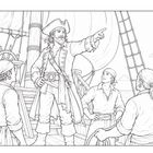 Illustration eines Piraten, der auf einem Schiff steht und mit anderen Seeleuten spricht; große Segel im Hintergrund.