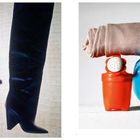 Links ein schwarzer Stiefel mit Schatten; rechts ein aufgerollter Stoffbalg auf roter Gießkanne und blauer Keramik.